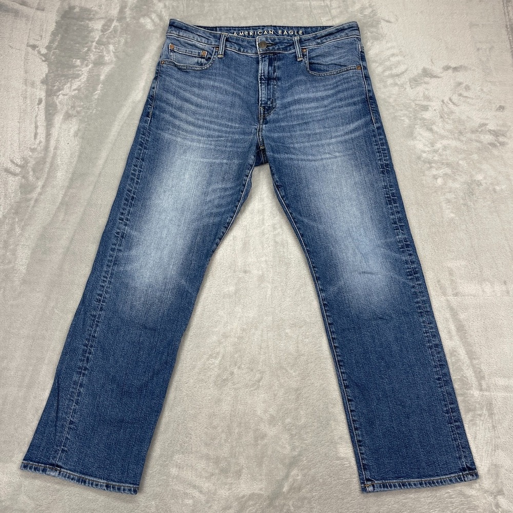 American Eagle Jeans Mens 33x30 Blue Denim‎ Whiskered Faded Original Bootcut Leg